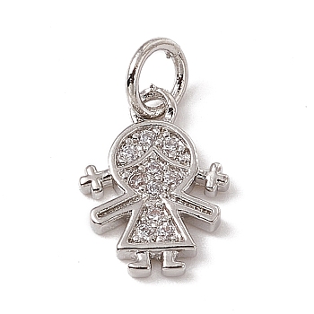Brass Micro Pave Cubic Zirconia Charms, with Jump Rings, Girl Charms, Platinum, 12.5x9x1.5mm, Hole: 3.4mm