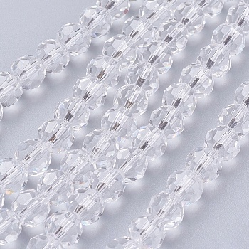 Faceted(32 Facets) Glass Round Beads Strands, Clear, 8mm, Hole: 1mm, about 70~72pcs/strand, 22.6 inch