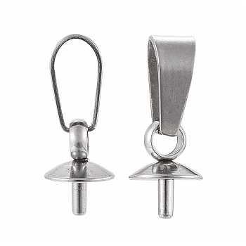 304 Stainless Steel Peg Bails Pendants, For Half Drilled Beads, Stainless Steel Color, 12.5x5mm, Pin: 1mm, Hole: 2.5mm
