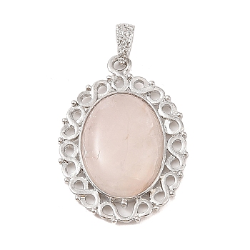 Natural Rose Quartz Pendants, with Platinum Tone Alloy Findings, Oval Charms, 41x28.5x7.5mm, Hole: 7.2x4mm