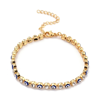Flat Round with Evil Eye Link Chain Bracelet, Clear Cubic Zirconia Tennis Bracelet, Brass Jewelry for Women, Golden, Blue, 7-1/8 inch(18.2cm)