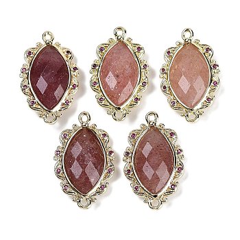 Natural Strawberry Quartz Faceted Horse Eye Links, Rack Plating Brass Micro Pave Orchid Cubic Zirconia Connector Charms, Golden, 24.5x14.5x4.5mm, Hole: 1.2mm