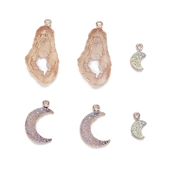 6Pcs 3 Style Druzy Resin Pendants, with Edge Light Gold Plated Iron Loops, Moon & Nuggets, Mixed Color, 2pcs/style