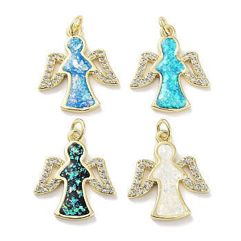 Brass Micro Pave Clear Cubic Zirconia Pendants, with Synthetic Opal and Jump Rings, Real 18K Gold Plated, Angel Charms, Mixed Color, 21.5x18.5x2mm, Hole: 3mm