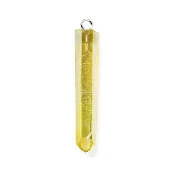 Electroplated Natural Quartz Pendants, with Brass Findings, Bullets, Pointed Pendants, Platinum, Yellow, 40~65x7~15mm, Hole: 3mm