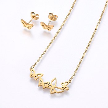 304 Stainless Steel Jewelry Sets, Stud Earrings and Pendant Necklaces, Butterfly, Golden, Necklace: 18.9 inch(48cm), Stud Earrings: 6x9x1.2mm, Pin: 0.8mm