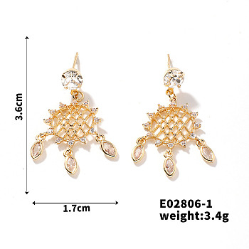 Korean Style Woven Net/Web with Feather Brass Cubic Zirconia Earrings Unique Fashion, Golden, 36x17mm