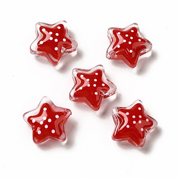 Transparent Glass Beads, with Polka Dot Pattern, Star, Red, 13x13x6.5mm, Hole: 1mm