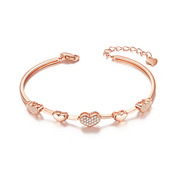 SHEGRACE 925 Sterling Silver Link Bracelets, with Micro Pave AAA Cubic Zirconia, Heart, Rose Gold, 160mm(6-1/4 inch)