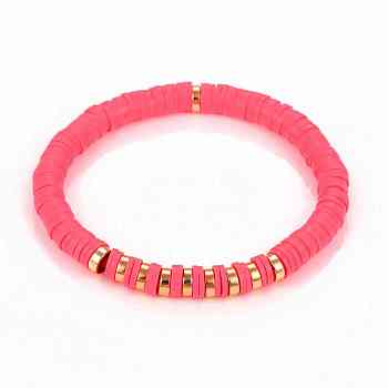 Handmade Polymer Clay Heishi Beads Stretch Bracelets, with Non-magnetic Synthetic Hematite Beads, Cerise, Inner Diameter: 2-3/8 inch(6.2cm)