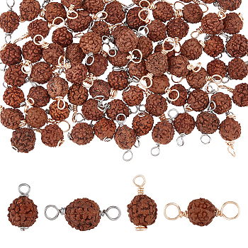 80Pcs 4 Styles Round Natural Wood Pendants and Connector Charms, Sienna Rudraksha, with Copper Wire, Mixed Color, 16~22.5x9~10.5nnm,  Hole: 3.5~3.9mm, 20pcs/style