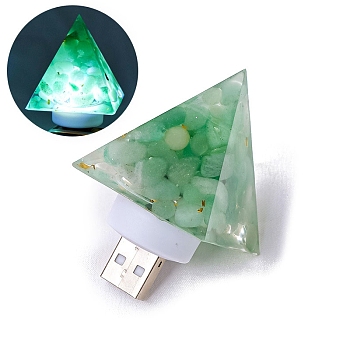 Gemstone Resin USB Lamp, Healing Stone Night Light, for Meditation, Yoga Decorations, Pyramid, Light Green, 60x40mm