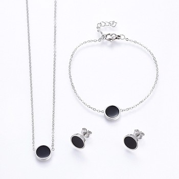 304 Stainless Steel Jewelry Sets, Pendant Necklaces & Stud Earrings & Bracelets, with Enamel, Flat Round, Stainless Steel Color, 16.93 inch(43cm), 7-1/8 inch(18cm), 10x2mm, Pin: 0.8mm