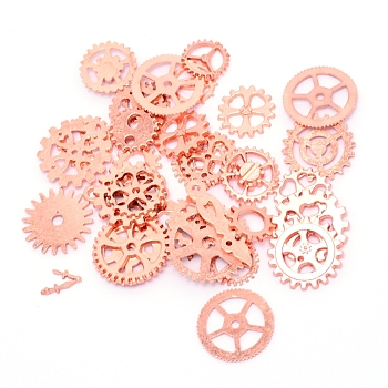 Alloy Cabochons, UV Epoxy Resin Supplies Filling Accessories, for Jewelry Making, Gearwheel & Pointer, Mix Shape, Cadmium Free & Lead Free, Rose Gold, 12~28x6.5~24x1.5~3.5mm, about 110~125pcs/bag