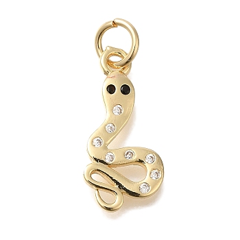 Brass Micro Pave Cubic Zirconia Pendants, Nickel Free, Long-Lasting Plated, Snake Charms, with Jump Ring, Golden, 20x10x1.5mm