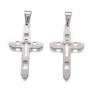 304 Stainless Steel Pendants, Cross, Stainless Steel Color, 41x24.5x1.5mm, Hole: 4x8.5mm