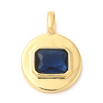 Brass with Cubic Zirconia Pendants, Real 16K Gold Plated, Flat Round Charm, Marine Blue, 20.5x15x4mm, Hole: 4x2.5mm