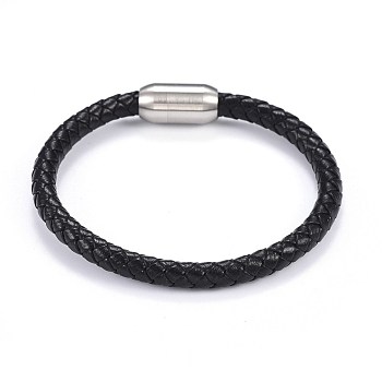 Man's Braided Leather Cord Bracelets, with 304 Stainless Steel Magnetic Clasps, Black, 8-1/4 inch(21cm), 6mm