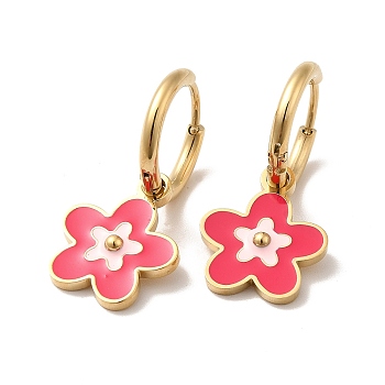 Enamel Sakura Flower Dangle Hoop Earrings, Golden 304 Stainless Steel Jewelry for Women, Cerise, 21.5mm, Pin: 1mm
