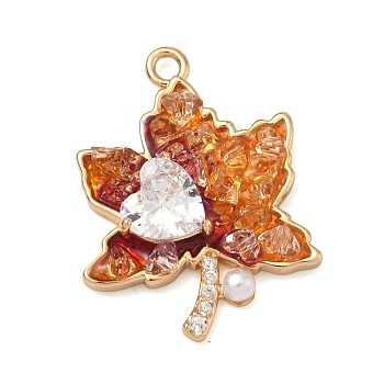 Autumn Brass Micro Pave Clear Cubic Zirconia Pendants, with Glass & Plastic Pearl, Maple Leaf with Heart Pattern Charms, Golden, 23x17.5x4mm, Hole: 1.8mm