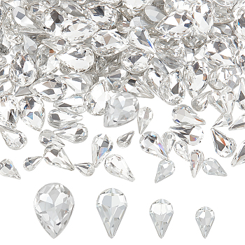 220Pcs 4 Style Glass Rhinestone Cabochons, Pointed Back & Back Plated, Faceted, Teardrop, Crystal, 8~14x5~10x2.8~4.5mm