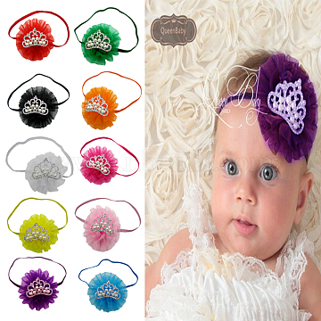 Elastic Baby Headbands for Girls, Hair Accessories, with Lace Flower, ABS Plastic Imitation Pearl Bead Crown, Mixed Color, 13.4 inch~14.96 inch(340~380mm)(OHAR-Q059-M)