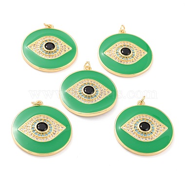 Real 18K Gold Plated Green Flat Round Brass+Cubic Zirconia+Enamel Pendants