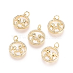 Brass Micro Pave Cubic Zirconia Pendants, with Jump Rings and Shell, Flat Round and Lover, Clear, Golden, 18x15.5x2.5mm, Hole: 3.4mm(ZIRC-G161-14G-02)