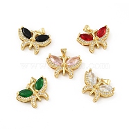 Brass Micro Pave Cubic Zirconia Pendants, Cadmium Free & Lead Free, Long-Lasting Plated, Butterfly, Real 18K Gold Plated, Mixed Color, 16.5x23.5x6mm, Hole: 3.5x3.5mm(KK-B059-34G)