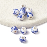 Handmade Porcelain Beads, Blue and White Porcelain, Round with Flower, Blue, 6mm, Hole: 1.6mm(PORC-YW0001-06A)