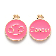 Alloy Enamel Pendants, Cadmium Free & Lead Free, Flat Round with Constellation, Light Gold, Cerise, Cancer, 22x18x2mm, Hole: 1.5mm(X-ENAM-S124-01A-03D)