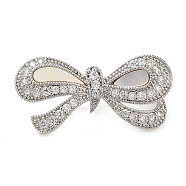 Brass Micro Pave Clear Cubic Zirconia Fold Over Clasps, Bowknot, Platinum, 14.5x29.5x10mm, Hole: 2x2.5mm(KK-G505-19P)