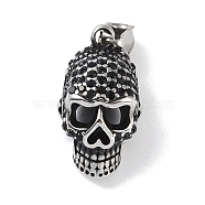 316 Surgical Stainless Steel Pendants, with Rhinestone, Skull Charm, Antique Silver, Jet, 27x15x16mm, Hole: 8.5x3.5mm(STAS-E212-23AS-02)