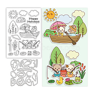 Globleland DIY Holiday Theme Scrapbook Making Kits, including 1 Sheet PVC Plastic Stamps and 1Pc Carbon Steel Cutting Dies Stencils, Cat & Boat & Tree, Mixed Patterns, Plastic Stamp: 16x11x0.3cm, Cutting Dies Stencils: 11.1x11.2x0.08cm(DIY-GL0003-84)