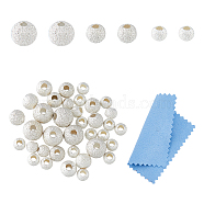 36Pcs 3 Size Round 925 Sterling Silver Textured Beads, with 1Pc Suede Fabric Square Silver Polishing Cloth, Silver, 3~5mm, Hole: 1~1.5mm(STER-DC0001-33)