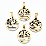 Hollow Out Design Pendants, 201 Stainless Steel Pendants, with Snap on Bails, Laser Cut, Flat Round with Tree of Life, Real 18K Gold Plated, 25.5x23x1.5mm, Hole: 9x4mm(STAS-N091-134)