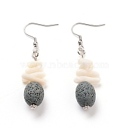 Natural Lava Rock Dangle Earrings, with Synthetic Gemstones, Alloy Spacer Beads and Stainless Steel Earring Hooks, Oval, Gray, 56~58mm, Pin: 0.7mm(EJEW-E260-A09)