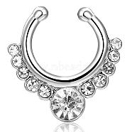 Personality Brass Cubic Zirconia Clip-on Nose Septum Rings, Nose Piercing Jewelry, Circular/Horseshoe Barbell, Platinum, Clear, 17x16mm(AJEW-EE0002-001P-01)