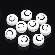 Handmade Porcelain Beads, Horizontal Hole, Flat Round with Letter, White, Letter.C, 8~8.5x4.5mm, Hole: 2mm(PORC-Q259-01C)