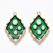 Brass Enamel Pendants, with ABS Plastic Imitation Pearl, Nickel Free, Rhombus, Real 18K Gold Plated, Green, 20x12.5x4mm, Hole: 1mm(KK-T049-055G-01-NF)