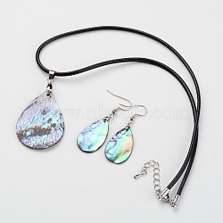 Teardrop Waxed Cord Natural Paua Shell Pendant Necklaces and Earrings Jewelry Sets, with Platinum Tone Brass Lobster Claw Clasps, 14.3 inch, 2mm, 50mm, Pin: 0.8mm(SJEW-M088-02)