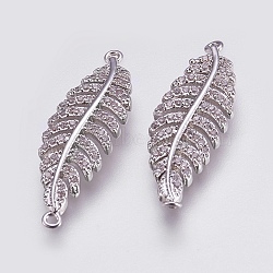 Brass Micro Pave Cubic Zirconia Links, Clear, Leaf, Platinum, 30x9.5x2mm, Hole: 1mm(X-ZIRC-E144-03P)