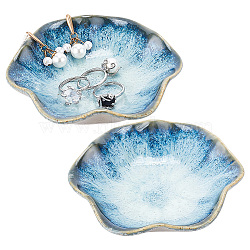 Ceramic Dipping Dish, Snack Serving Dish, Flambed Glazed, Lotus Leaf, Prussian Blue, 110x25mm(AJEW-WH0043-36)