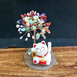 Natural Gemstone Chips Tree of Life Decorations, Maneki Neko with Copper Wire Feng Shui Energy Stone Gift for Women Men Meditation, 120~130mm(DJEW-PW0013-17E)
