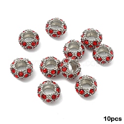 10Pcs Alloy Rhinestone European Beads, Large Hole Beads, Rondelle, Light Siam, 11x6mm, Hole: 5mm(CPDL-YW0001-02B)