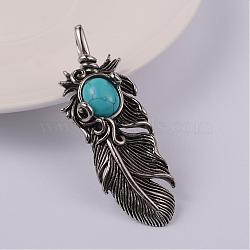 Leaf 304 Stainless Steel Big Pendants, with Synthetic Turquoise, Turquoise, 62x23x8mm, Hole: 6x8mm(STAS-F103-03A)