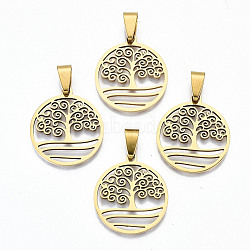 Hollow Out Design Pendants, 201 Stainless Steel Pendants, with Snap on Bails, Laser Cut, Flat Round with Tree of Life, Real 18K Gold Plated, 25.5x23x1.5mm, Hole: 9x4mm(STAS-N091-134)