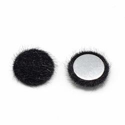 Faux Mink Fur Covered Cabochons, with Aluminum Bottom, Half Round/Dome, Black, 19~20x6mm(WOVE-S084-18A)