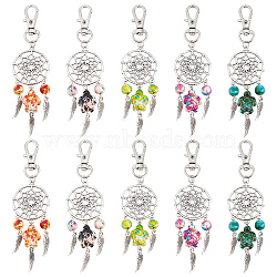 10Pcs 5 Styles Woven Net/Web with Feather Alloy Pendant Decoration, with Sea Turtle Synthetic Turquoise and Alloy Lobster Claw Clasps, Mixed Color, 103mm, 2pcs/style(HJEW-MA00006)