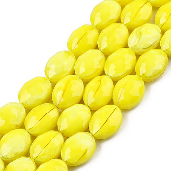 Opaque Solid Color Glass Beads Strands, Faceted, Oval, Yellow, 16x12x7mm, Hole: 1~1.2mm, about 25pcs/strand, 14.96 inch(38cm)